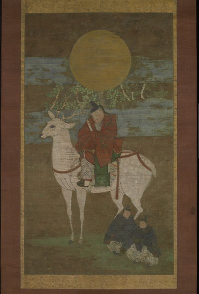 La partenza da Kashima (Divinità del Kasuga fuori), fine XIV secolo (Rotolo appeso: inchiostro, colore e oro su seta) da Japanese School