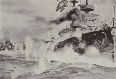La Mikasa che combatte coraggiosamente contro la squadra russa al largo di Port Arthur il 10 agosto da Japanese School
