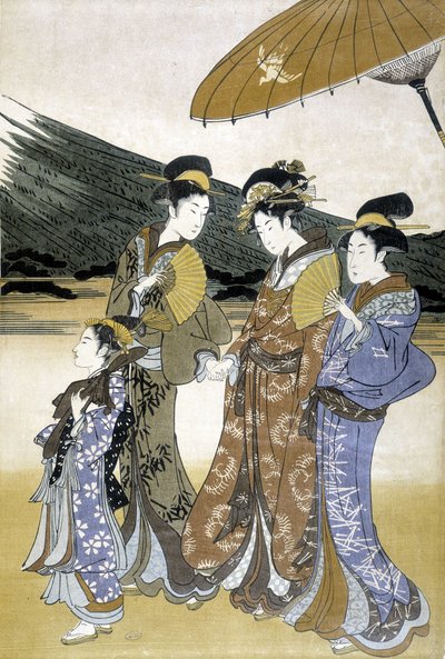 Tre donne e bambini, stampa giapponese da Japanese School
