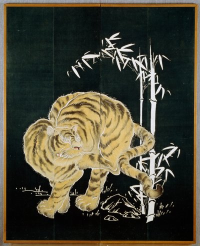 Tigre e bambù, motivo su paravento di cotone a due ante (byobu), amido di riso e indaco con pigmenti, civiltà giapponese, periodo Meiji-Taisho da Japanese School