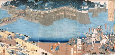 Trittico che mostra un forte in costruzione presso il Fiume Kunigos da Japanese School