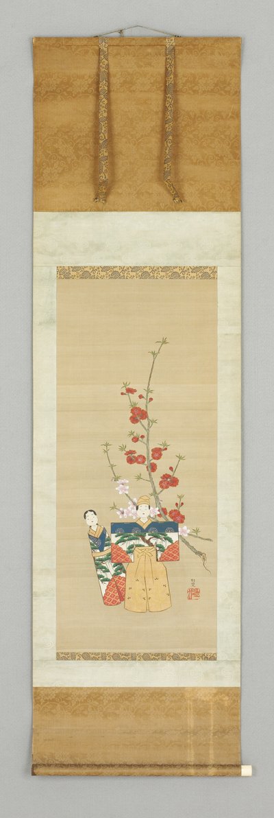 Due bambole giapponesi e un ramo fiorito (fine XVIII secolo) da Japanese School