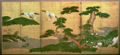 Due Gru che Si Tuffano Dietro Pino e Roccia, Periodo Edo da Japanese School