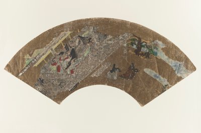 Senza titolo - dipinto a forma di ventaglio di signore sedute in un padiglione che giocano, 1603-1868 da Japanese School