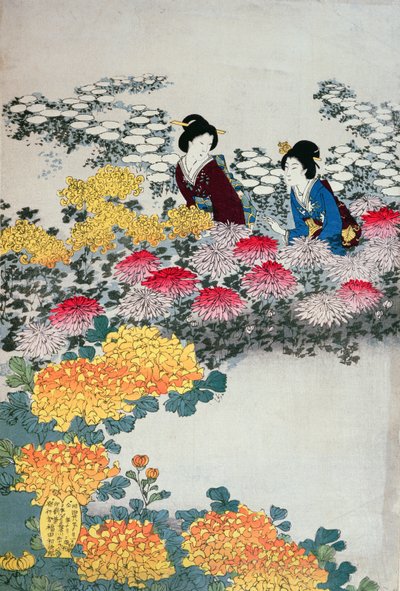 Donne in un giardino fiorito (stampa a blocchi di legno a colori) da Japanese School