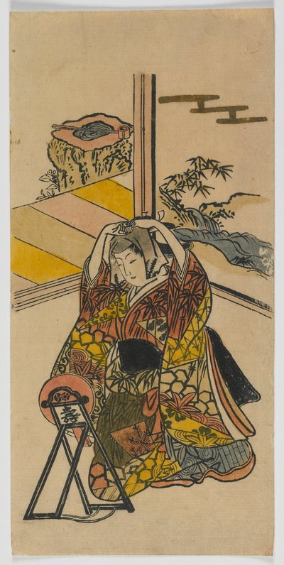 Giovane donna inginocchiata accanto a uno specchio, periodo Edo, 1720 da Japanese School