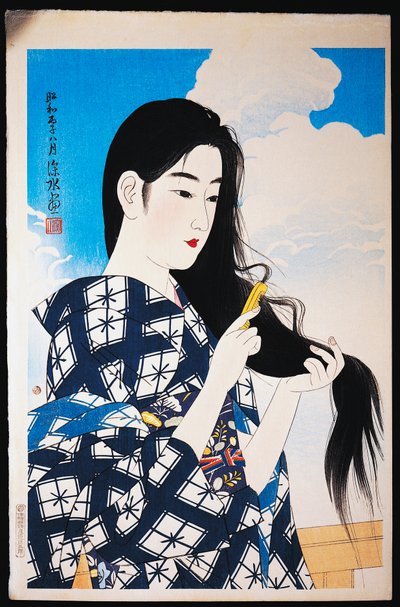 Giovane donna che si pettina i capelli da Japanese School