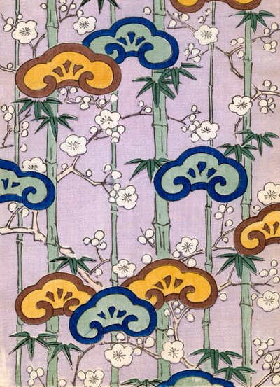 Stampa xilografica a colori di bambù e fiori di ciliegio da Japanese School