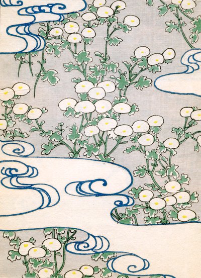 Stampa a Blocchi di Colore di Viti Fiorite e Motivo a Onde da Japanese School