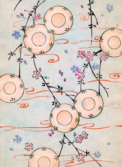Stampa xilografica a colori di lanterne in un ciliegio in fiore da Japanese School