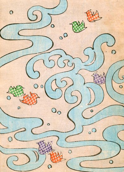 Stampa xilografica a colori di uccelli stilizzati che volano sull