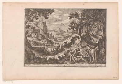Paesaggio con la parabola del buon samaritano: il samaritano aiuta la vittima a salire sul suo cavallo da Jaspar de Isaac (attributed to)