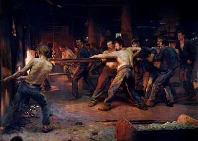 Operai fonditori che lavorano in una pianta metallurgica. Dipinto di Jean Rixens da Jean Andre Rixens