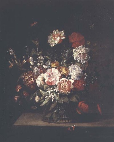 Fiori misti in un cesto di vimini con falene, libellula e ammiraglio rosso su un ripiano da Jean Baptiste (follower of) Monnoyer