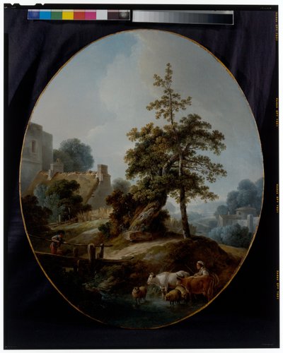 Paesaggio con un giovane ragazzo e una pastorella con mucche e pecore da Jean Baptiste Huet