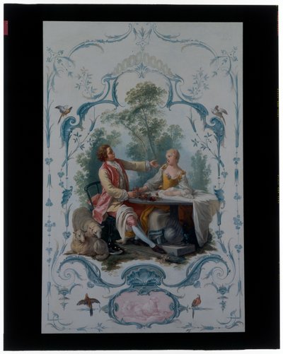 Due pannelli decorativi con coppie di amanti intitolati "Il picnic" e "Il brindisi" da Jean Baptiste Huet