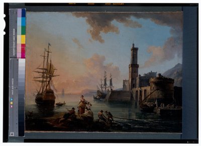 Pescatori e cortigiane in un porto mediterraneo al tramonto da Jean Baptiste Lallemand