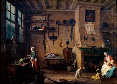 Interno di cucina nel XVIII secolo. Un cuoco prepara un pasto. Sullo sfondo si vedono gli utensili da cucina appesi lungo la parete. da Jean Baptiste Lallemand
