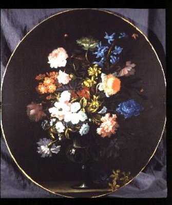 Natura Morta di Fiori tra cui Rose, Garofani e Giacinti in un Vaso di Vetro (ovale) da Jean Baptiste Monnoyer