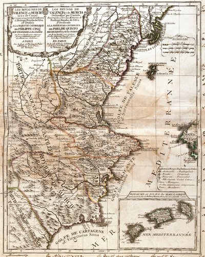 Mappa del Regno di Valencia e Murcia (Spagna) da Jean Baptiste Nolin