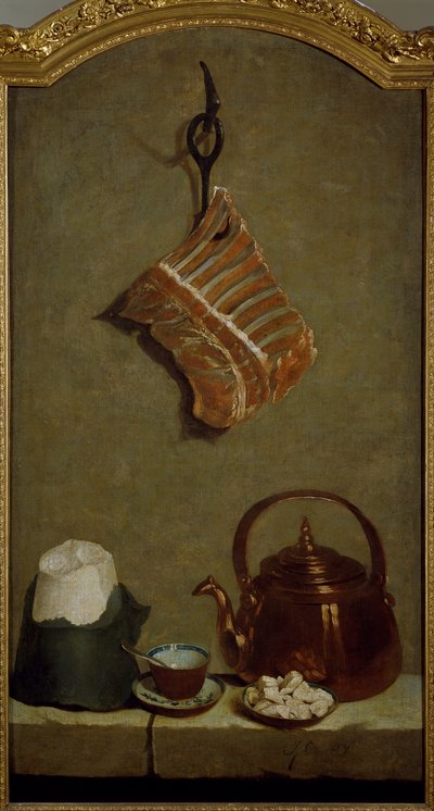 Natura morta con quarto di carne, pane di zucchero, bollitore di rame e tazza da Jean Baptiste Oudry