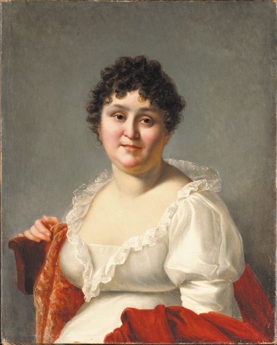 Ritratto di Madame Regnault, busto, in un vestito bianco e scialle di cachi da Jean Baptiste Regnault