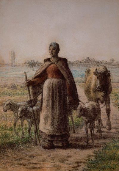 Contadina che conduce la sua mucca e le pecore nei campi da Jean Francois Millet