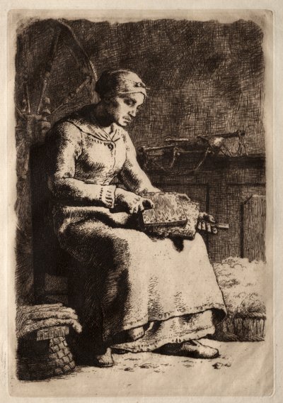Donna che carda (acquaforte) da Jean-Francois Millet