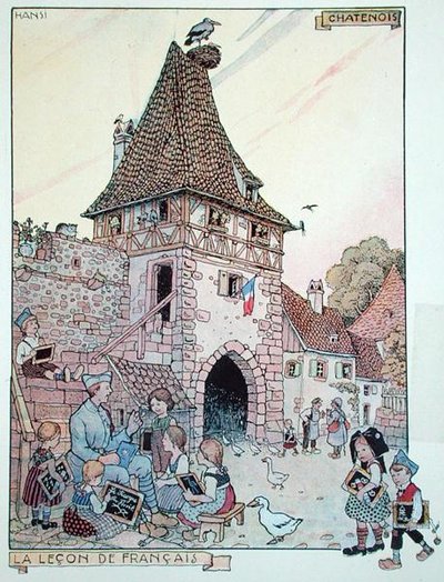 Un soldato francese che insegna il francese ai bambini alsaziani che sono diventati di nuovo cittadini francesi, illustrazione da 
