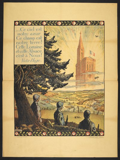 Poster che mostra tre soldati francesi che guardano una chiesa allegorica in lontananza, nelle nuvole illuminate. Un piccolo verso di Victor Hugo in alto a sinistra (poster) da Jean Jacques Waltz