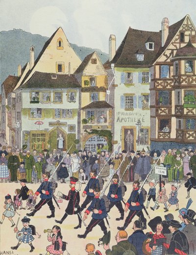 Herr Forstner lascia Saverne con i suoi soldati dopo aver comprato del cioccolato nel 1913, illustrazione da 