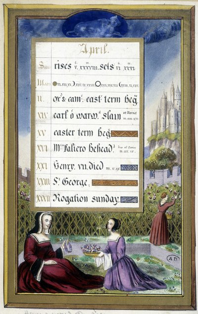 Aprile: Signore in un giardino (Toro) - facsimile delle Ore di Anna di Bretagna, di Jean Bourdichon da Jean (after) Bourdichon