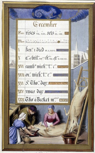 Dicembre e segno del Capricorno: si uccide il maiale (Facsimile delle Ore di Anna di Bretagna di Jean Bourdichon) da Jean (after) Bourdichon
