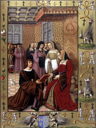 Jean Marot offre il suo libro, Le Voyage de Genes, alla regina Anna di Bretagna (dopo un