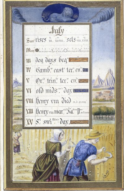 Luglio: la mietitura (Leone) (Facsimile delle Ore di Anna di Bretagna di Jean Bourdichon) da Jean (after) Bourdichon