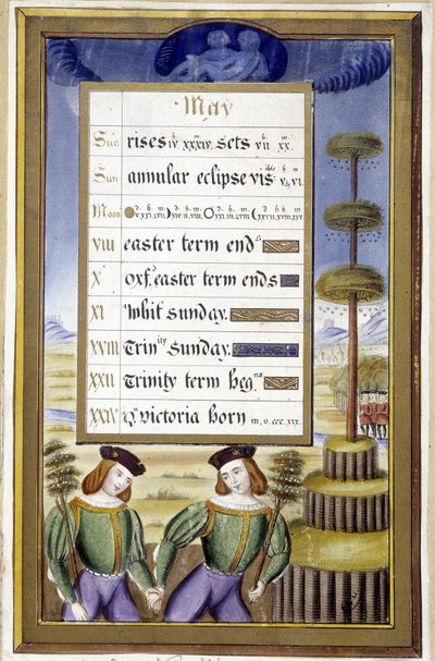 Maggio: Albero di Maggio (Gemelli) - facsimile delle Ore di Anna di Bretagna, di Jean Bourdichon da Jean (after) Bourdichon
