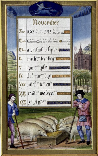 Novembre e segno del sagittario: allevamento di maiali - facsimile delle Ore di Anna di Bretagna da Jean (after) Bourdichon