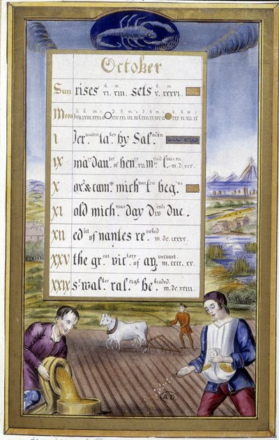 Ottobre: aratura e semina, segno dello scorpione - in Book of hours of Anne of Brittany da Jean (after) Bourdichon