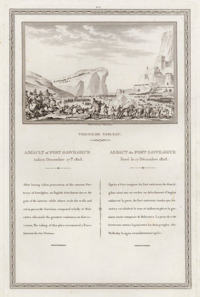 Cattura del forte di Gawilghur da parte dei britannici sotto il comando di Arthur Wellesley, Seconda Guerra Anglo-Maratha, India da Jean (after) Duplessi Bertaux