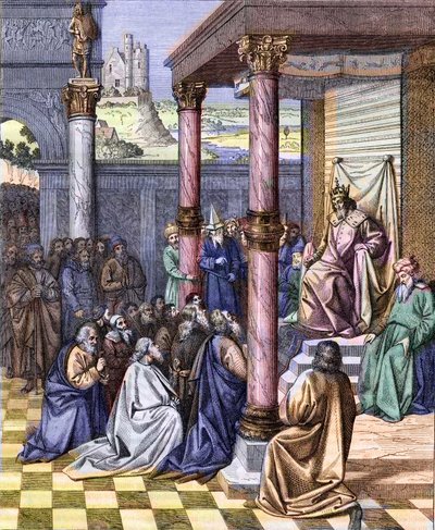 Ciro II il Grande (580 a.C. - 530 a.C.), re di Persia, liberò i Giudei esiliati a Babilonia nel 539 a.C. Incisione da una miniatura di Jean Fouquet (ca. 1420 -1477/1481). Incisione di Chevignard da Jean (after) Fouquet