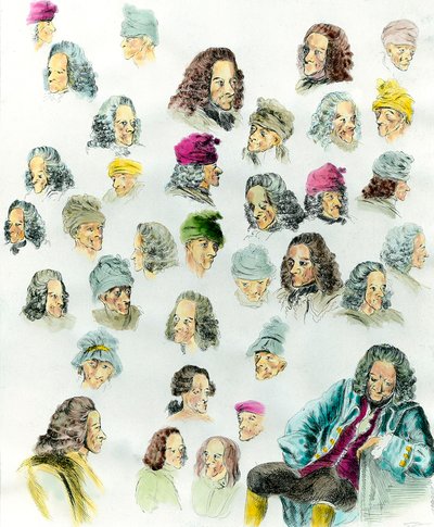Diverse espressioni e acconciature dello scrittore Francois Marie Arouet de Voltaire (1694-1778) realizzate dopo i dipinti di Jean Huber (1721-1786) XVIII secolo da Jean (after) Huber