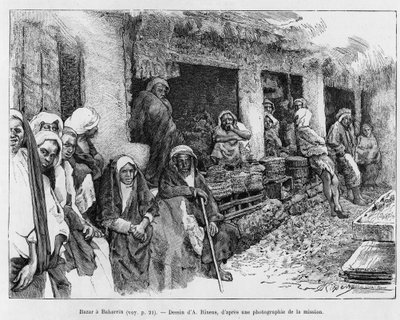 Bazaar a Bahrain, Ciad. Incisione di A.Rixens per illustrare la storia 