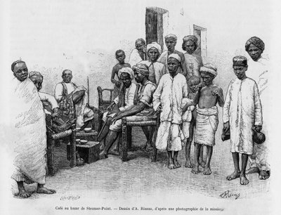 Caffè al Bazaar di Steamer Point, Aden, Yemen. Incisione di A.Rixens per illustrare la storia 