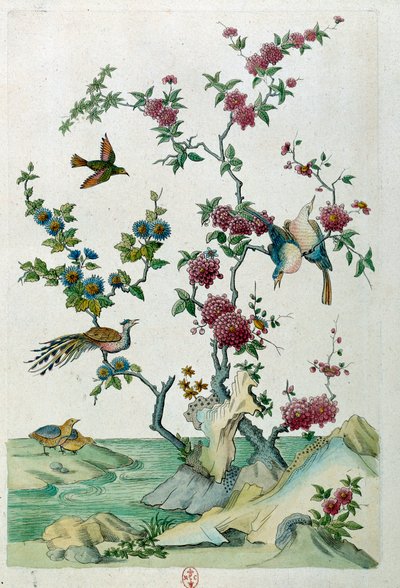 Disegno da un vaso cinese: uccelli e fiori. Dipinto di Jean Antoine Fraisse (XVIII secolo) da Jean Antoine Fraisse