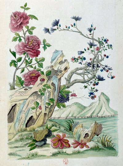 Disegno da un vaso cinese: fiori in un paesaggio da Jean Antoine Fraisse