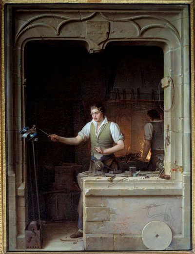 Un fabbro cerca di far mordere la sua lima a una ghiandaia (illustrazione per le favole di Jean de La Fontaine) da Jean Antoine Laurent