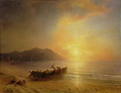 Paesaggio costiero con pescatori arabi che lanciano una barca al tramonto da Jean Antoine Theodore Gudin