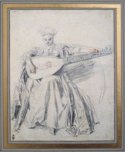 Un suonatore di liuto (disegno a mina di piombo e sanguigna di Jean Antoine Watteau, XVIII secolo) da Jean Antoine Watteau