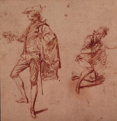 Disegno di un giovane in piedi e un altro inginocchiato da Jean Antoine Watteau