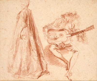 Ragazza in piedi di profilo a sinistra, con un uomo che suona una chitarra, inizio XVIII secolo da Jean Antoine Watteau